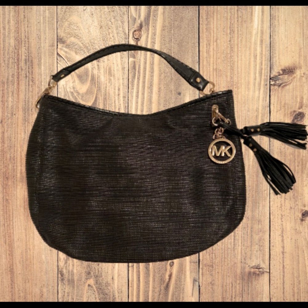 Michael Kors Black Straw Hobo Shoulder Handbag Purse